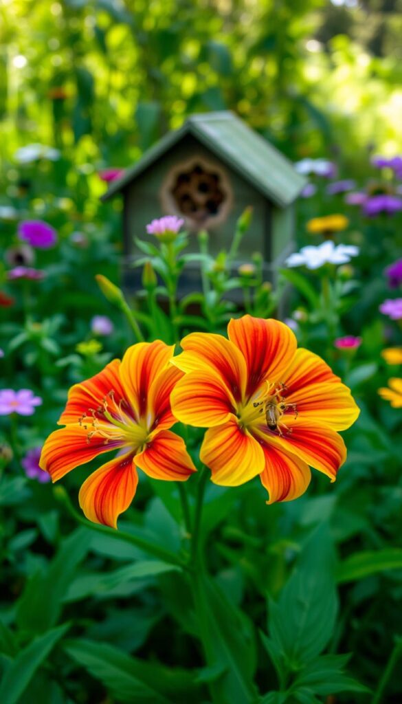A lush, verdant garden in soft natural lighting. In the foreground, two vibrant flowers of distinct varieties gracefully intertwine, their pollen-dusted stamens mingling in a delicate dance of cross-pollination. The middle ground features a beehive, its residents busily transferring pollen between blooms. In the background, hazy silhouettes of other plants and flowers suggest the rich biodiversity of the garden. The overall mood is one of tranquil harmony, highlighting the essential role of cross-pollination in maintaining a thriving, sustainable ecosystem. A lush, verdant garden in soft natural lighting. In the foreground, two vibrant flowers of distinct varieties gracefully intertwine, their pollen-dusted stamens mingling in a delicate dance of cross-pollination. The middle ground features a beehive, its residents busily transferring pollen between blooms. In the background, hazy silhouettes of other plants and flowers suggest the rich biodiversity of the garden. The overall mood is one of tranquil harmony, highlighting the essential role of cross-pollination in maintaining a thriving, sustainable ecosystem.