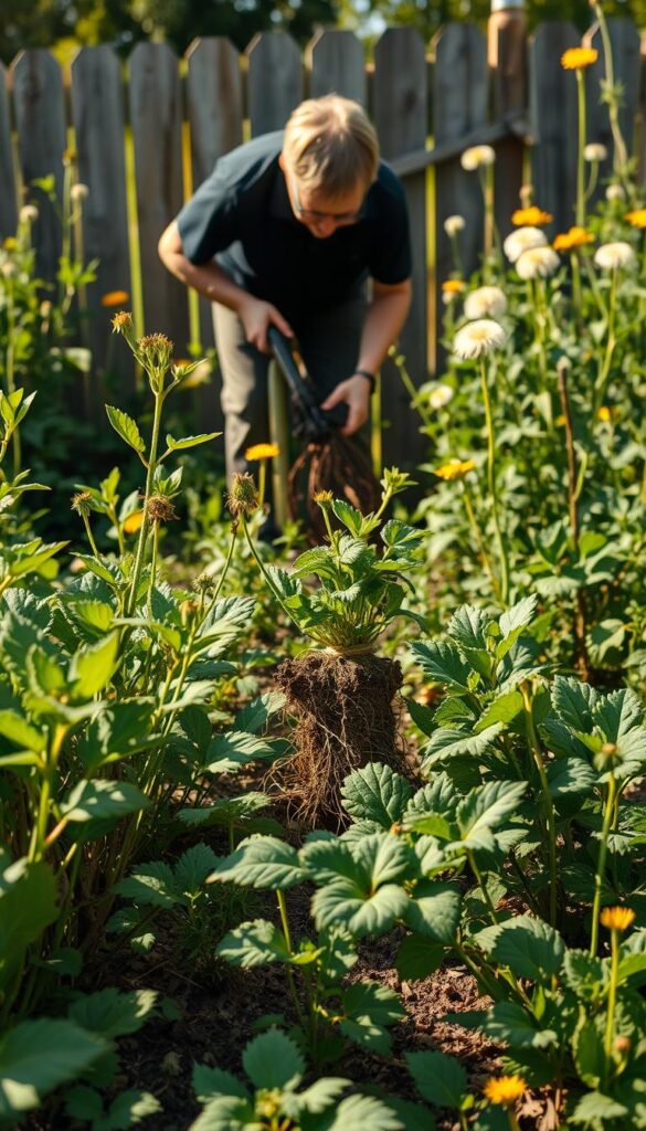 A lush, verdant garden in the late spring sunlight. The foreground shows several perennial plants in various stages of growth, with healthy, vibrant foliage and the beginnings of flowering. In the middle ground, a gardener is carefully dividing one of the plants, exposing the root system and preparing it for replanting. The background features a rustic wooden fence, with a few scattered dandelions and other wildflowers adding to the natural, serene atmosphere. The lighting is warm and diffused, creating a soft, inviting mood. The camera angle is slightly elevated, offering a comprehensive view of the gardening process and the optimal time to divide perennials for the best results.