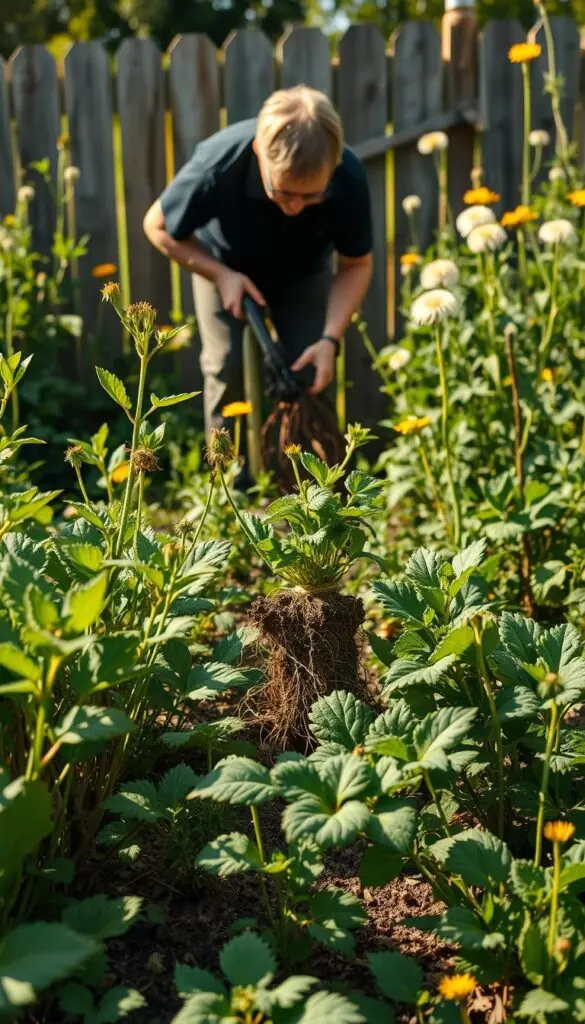 A lush, verdant garden in the late spring sunlight. The foreground shows several perennial plants in various stages of growth, with healthy, vibrant foliage and the beginnings of flowering. In the middle ground, a gardener is carefully dividing one of the plants, exposing the root system and preparing it for replanting. The background features a rustic wooden fence, with a few scattered dandelions and other wildflowers adding to the natural, serene atmosphere. The lighting is warm and diffused, creating a soft, inviting mood. The camera angle is slightly elevated, offering a comprehensive view of the gardening process and the optimal time to divide perennials for the best results. A lush, verdant garden in the late spring sunlight. The foreground shows several perennial plants in various stages of growth, with healthy, vibrant foliage and the beginnings of flowering. In the middle ground, a gardener is carefully dividing one of the plants, exposing the root system and preparing it for replanting. The background features a rustic wooden fence, with a few scattered dandelions and other wildflowers adding to the natural, serene atmosphere. The lighting is warm and diffused, creating a soft, inviting mood. The camera angle is slightly elevated, offering a comprehensive view of the gardening process and the optimal time to divide perennials for the best results.