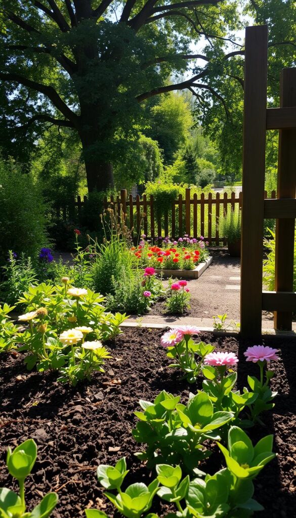 A lush, verdant garden in the morning light, with rich soil and vibrant blooms in the foreground. Mid-ground showcases a well-tended flower bed, with an array of colorful petals and neatly trimmed edges. In the background, a wooden fence frames the scene, casting soft shadows across the garden path. Dappled sunlight filters through the canopy of mature trees, creating a warm, inviting atmosphere. The garden is a picture of order and harmony, a serene oasis perfectly suited for planning the winter garden ahead. A lush, verdant garden in the morning light, with rich soil and vibrant blooms in the foreground. Mid-ground showcases a well-tended flower bed, with an array of colorful petals and neatly trimmed edges. In the background, a wooden fence frames the scene, casting soft shadows across the garden path. Dappled sunlight filters through the canopy of mature trees, creating a warm, inviting atmosphere. The garden is a picture of order and harmony, a serene oasis perfectly suited for planning the winter garden ahead.