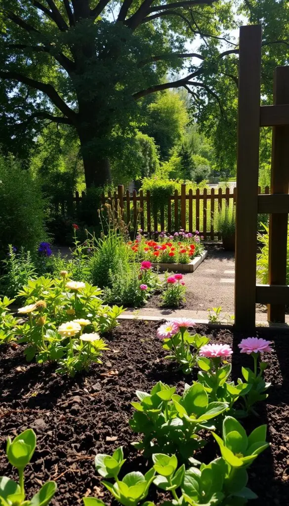 A lush, verdant garden in the morning light, with rich soil and vibrant blooms in the foreground. Mid-ground showcases a well-tended flower bed, with an array of colorful petals and neatly trimmed edges. In the background, a wooden fence frames the scene, casting soft shadows across the garden path. Dappled sunlight filters through the canopy of mature trees, creating a warm, inviting atmosphere. The garden is a picture of order and harmony, a serene oasis perfectly suited for planning the winter garden ahead.
