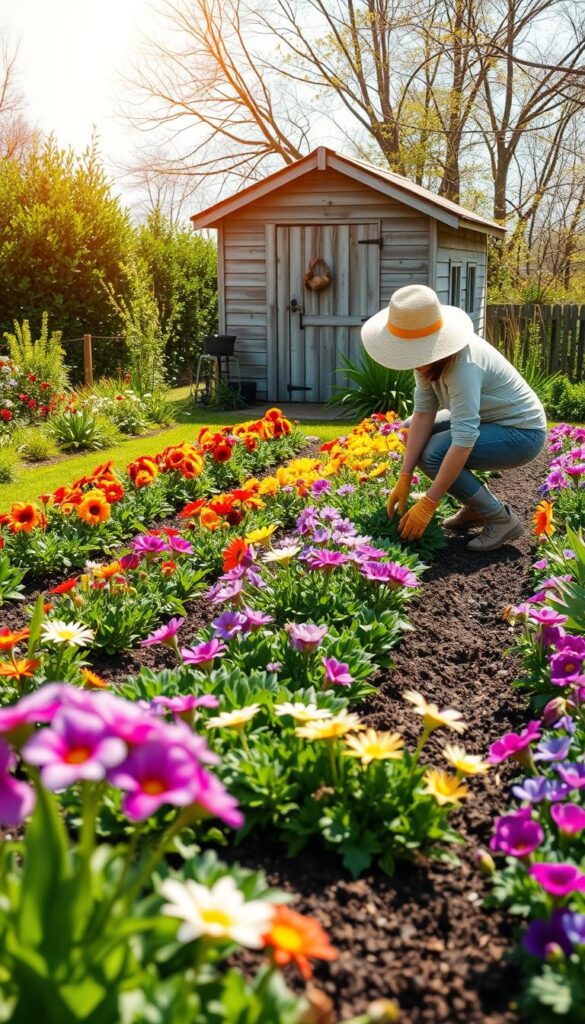 A lush, verdant garden in the spring sunlight, with vibrant flowers blooming and a gardener tending to the soil. In the foreground, a person wearing a wide-brimmed hat and gardening gloves is gently turning the earth, their movements graceful and purposeful. The middle ground features neat rows of colorful annuals and perennials, their petals catching the warm glow of the sun. In the background, a weathered wooden shed stands, its rustic charm complementing the natural setting. The image conveys a sense of harmony and the nurturing care required to maintain a thriving garden throughout the seasons.