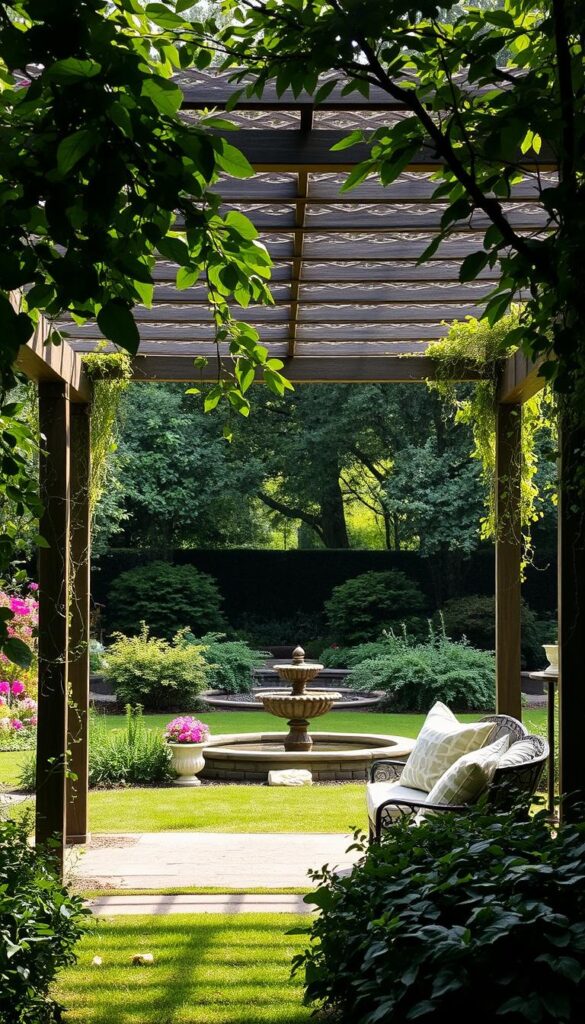 A lush, verdant garden oasis with a captivating shade structure taking center stage. In the foreground, a serene seating area is nestled beneath a beautifully crafted pergola, its intricate lattice casting dynamic patterns of light and shadow across the scene. Trailing vines and flowering plants cascade from the structure, creating a sense of natural harmony. In the middle ground, a tranquil water feature gently bubbles, its calming sounds complementing the overall ambiance. The background is framed by mature trees, their dense foliage providing an additional layer of shade and seclusion, evoking a peaceful, secluded atmosphere. The lighting is soft and diffused, creating a warm, inviting glow that enhances the serene, contemplative mood of the garden.