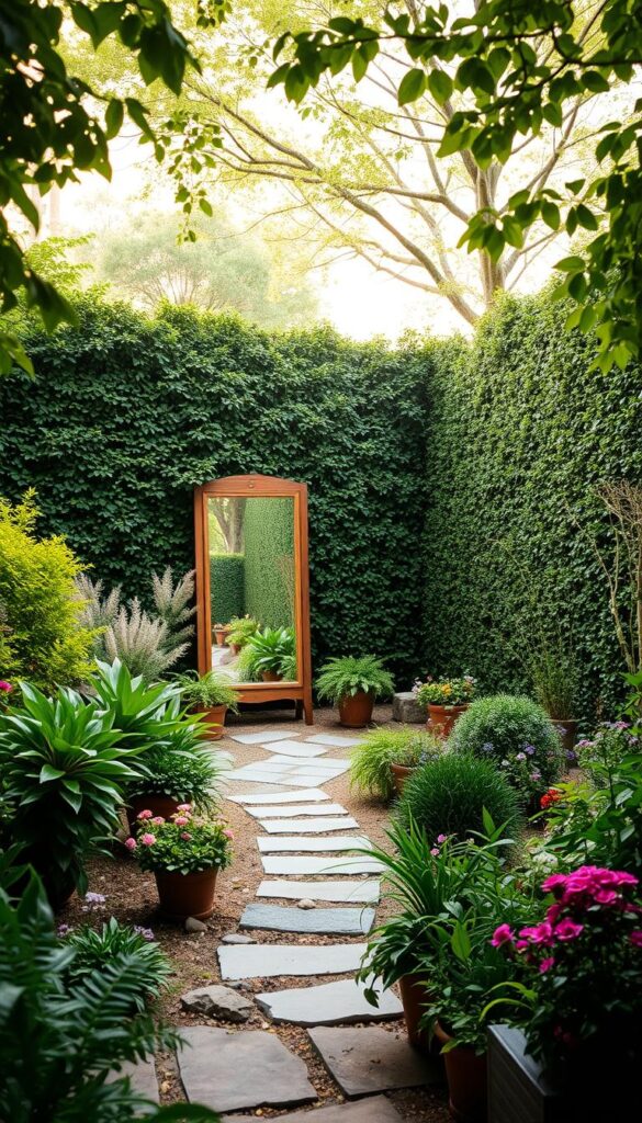 A lush, verdant garden oasis with a rustic garden mirror perfectly positioned to reflect the surrounding flora and natural light. The mirror is framed in weathered wood, its surface casting a warm, inviting glow across the scene. In the foreground, a carefully curated assortment of potted plants and flowers creates a sense of depth and layers. The middle ground features a meandering stone path, inviting the viewer to explore the tranquil space. In the background, a towering hedge or privacy wall acts as a natural backdrop, adding a sense of enclosure and seclusion. The lighting is soft and diffused, with dappled sunlight filtering through the canopy of trees above, creating a serene, atmospheric ambiance. A lush, verdant garden oasis with a rustic garden mirror perfectly positioned to reflect the surrounding flora and natural light. The mirror is framed in weathered wood, its surface casting a warm, inviting glow across the scene. In the foreground, a carefully curated assortment of potted plants and flowers creates a sense of depth and layers. The middle ground features a meandering stone path, inviting the viewer to explore the tranquil space. In the background, a towering hedge or privacy wall acts as a natural backdrop, adding a sense of enclosure and seclusion. The lighting is soft and diffused, with dappled sunlight filtering through the canopy of trees above, creating a serene, atmospheric ambiance.