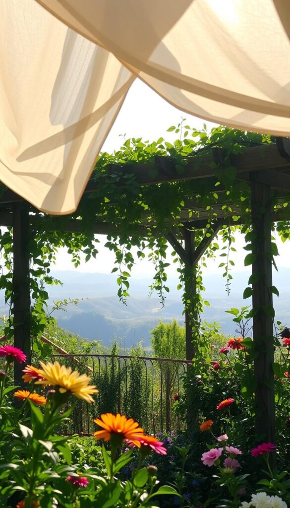A lush, verdant garden oasis with a soft, diffused light filtering through a canopy of delicate, billowing fabric. In the foreground, a gentle breeze caresses the petals of vibrant flowers, while in the middle ground, a wooden pergola supports a cascade of leafy vines, casting a soothing, dappled shadow over the plants below. The background is a serene landscape of rolling hills, hazy in the distance, creating a sense of depth and tranquility. The lighting is soft and warm, creating a cozy, inviting atmosphere, perfect for shielding delicate blooms from the harsh glare of the sun.