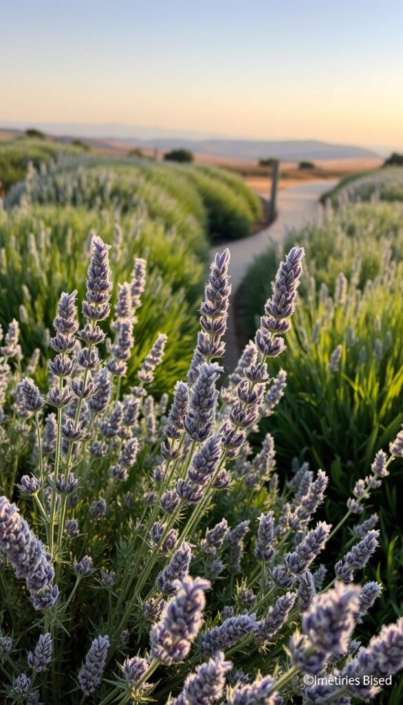 A lush, verdant garden of lavender foliage. Delicate, grey-green leaves sway gently in a soft breeze, their fuzzy surfaces catching the warm sunlight. In the foreground, clusters of slender, purple-blue flower spikes rise up, their fragrant blooms swaying gracefully. Meandering pathways wind through the middle ground, inviting exploration. In the background, a hazy horizon of rolling hills and a cloudless sky create a serene, tranquil atmosphere. Captured with a wide-angle lens to emphasize the expansive, immersive nature of the scene. The overall mood is one of calm, soothing relaxation, drawing the viewer into the serene, fragrant world of the lavender garden. A lush, verdant garden of lavender foliage. Delicate, grey-green leaves sway gently in a soft breeze, their fuzzy surfaces catching the warm sunlight. In the foreground, clusters of slender, purple-blue flower spikes rise up, their fragrant blooms swaying gracefully. Meandering pathways wind through the middle ground, inviting exploration. In the background, a hazy horizon of rolling hills and a cloudless sky create a serene, tranquil atmosphere. Captured with a wide-angle lens to emphasize the expansive, immersive nature of the scene. The overall mood is one of calm, soothing relaxation, drawing the viewer into the serene, fragrant world of the lavender garden.