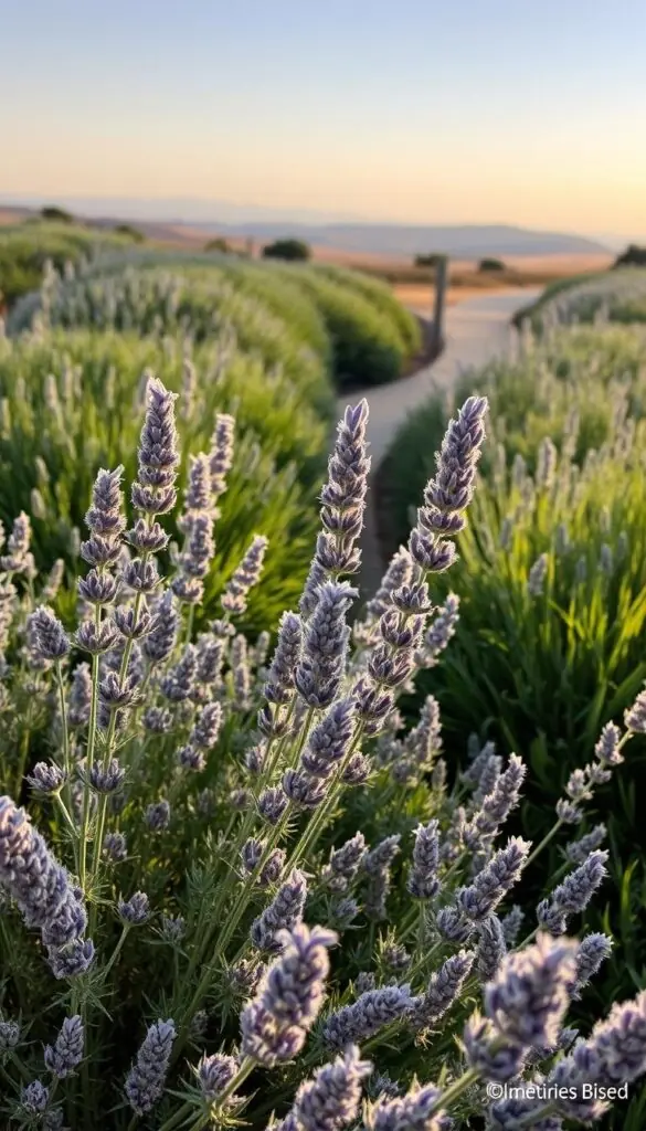 A lush, verdant garden of lavender foliage. Delicate, grey-green leaves sway gently in a soft breeze, their fuzzy surfaces catching the warm sunlight. In the foreground, clusters of slender, purple-blue flower spikes rise up, their fragrant blooms swaying gracefully. Meandering pathways wind through the middle ground, inviting exploration. In the background, a hazy horizon of rolling hills and a cloudless sky create a serene, tranquil atmosphere. Captured with a wide-angle lens to emphasize the expansive, immersive nature of the scene. The overall mood is one of calm, soothing relaxation, drawing the viewer into the serene, fragrant world of the lavender garden.