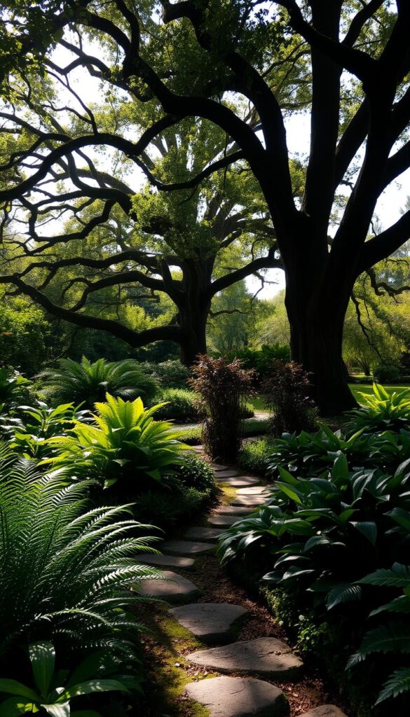 A lush, verdant garden scene bathed in soft, dappled sunlight filtering through the canopy of towering trees. In the foreground, a vibrant, diverse array of shade-loving plants - ferns, hostas, and other leafy companions - creating a serene, natural tableau. The middle ground features a winding garden path, edged with moss-covered stones, inviting the viewer to explore the tranquil oasis. In the background, the silhouettes of ancient oak and maple trees stand as sentinels, their branches casting intricate patterns of light and shadow across the scene. The overall atmosphere is one of peaceful contemplation, a haven away from the bustling world, where the beauty of nature thrives in the gentle embrace of shade.