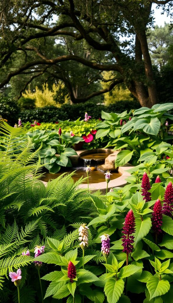 A lush, verdant garden scene in soft, diffused natural light. In the foreground, a variety of shade-loving flowers bloom - delicate ferns, vibrant hostas, and clusters of fragrant astilbes. The middle ground features a gently trickling water feature, surrounded by large, sculptural leaves of elephant ears and caladiums. In the background, mature trees cast dappled shade over the scene, their branches swaying softly. The overall mood is one of tranquility and seasonal harmony, inviting the viewer to experience the rhythm of nature's ebb and flow throughout the year.