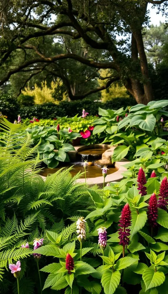 A lush, verdant garden scene in soft, diffused natural light. In the foreground, a variety of shade-loving flowers bloom - delicate ferns, vibrant hostas, and clusters of fragrant astilbes. The middle ground features a gently trickling water feature, surrounded by large, sculptural leaves of elephant ears and caladiums. In the background, mature trees cast dappled shade over the scene, their branches swaying softly. The overall mood is one of tranquility and seasonal harmony, inviting the viewer to experience the rhythm of nature's ebb and flow throughout the year. A lush, verdant garden scene in soft, diffused natural light. In the foreground, a variety of shade-loving flowers bloom - delicate ferns, vibrant hostas, and clusters of fragrant astilbes. The middle ground features a gently trickling water feature, surrounded by large, sculptural leaves of elephant ears and caladiums. In the background, mature trees cast dappled shade over the scene, their branches swaying softly. The overall mood is one of tranquility and seasonal harmony, inviting the viewer to experience the rhythm of nature's ebb and flow throughout the year.
