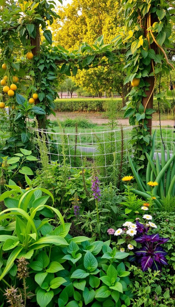 A lush, verdant garden scene showcasing a variety of companion plants thriving together in harmonious arrangement. In the foreground, a mix of leafy greens, fragrant herbs, and colorful flowers create a captivating visual tapestry. The middle ground features tall, sturdy vegetables intertwined with climbing vines, their leaves and tendrils intertwining in a natural embrace. In the background, a bountiful orchard of fruit trees casts a warm, golden glow over the scene, hinting at the abundant yields to come. The overall composition is bathed in soft, diffused lighting that accentuates the vibrant colors and textures of the plants, creating a serene and inviting atmosphere.