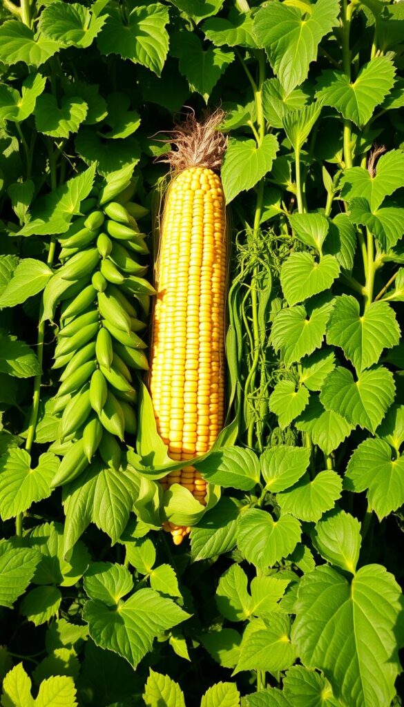 A lush, verdant garden scene showcasing the "Three Sisters" - vibrant green bean plants, tall golden corn stalks, and lush leafy squash vines. The plants are arranged in a harmonious companionship, their leaves and tendrils intertwined, creating a visually striking and symbiotic composition. The lighting is soft and warm, casting gentle shadows that accentuate the textures and shapes of the produce. The overall atmosphere is one of natural abundance and the beauty of traditional companion planting techniques. The frame captures a mid-range view, allowing the viewer to appreciate the intricate relationship between these three staple crops.