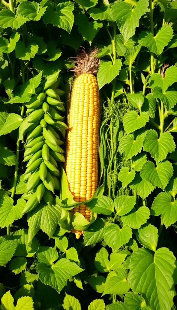 A lush, verdant garden scene showcasing the "Three Sisters" - vibrant green bean plants, tall golden corn stalks, and lush leafy squash vines. The plants are arranged in a harmonious companionship, their leaves and tendrils intertwined, creating a visually striking and symbiotic composition. The lighting is soft and warm, casting gentle shadows that accentuate the textures and shapes of the produce. The overall atmosphere is one of natural abundance and the beauty of traditional companion planting techniques. The frame captures a mid-range view, allowing the viewer to appreciate the intricate relationship between these three staple crops. A lush, verdant garden scene showcasing the "Three Sisters" - vibrant green bean plants, tall golden corn stalks, and lush leafy squash vines. The plants are arranged in a harmonious companionship, their leaves and tendrils intertwined, creating a visually striking and symbiotic composition. The lighting is soft and warm, casting gentle shadows that accentuate the textures and shapes of the produce. The overall atmosphere is one of natural abundance and the beauty of traditional companion planting techniques. The frame captures a mid-range view, allowing the viewer to appreciate the intricate relationship between these three staple crops.
