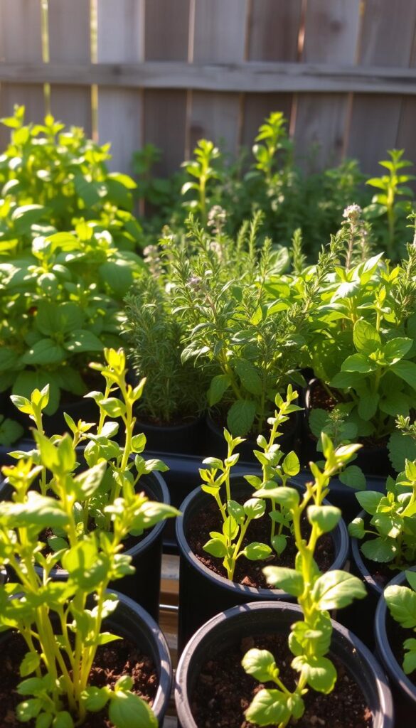 A lush, verdant garden scene showcasing the propagation of thriving herbs. In the foreground, several cuttings have taken root in small pots, their tender leaves and stems reaching upwards. The middle ground features a variety of mature herb plants - basil, rosemary, thyme, and mint - arranged in an organized yet natural layout. Warm, golden sunlight filters through the scene, casting gentle shadows and illuminating the vibrant green hues. The background depicts a rustic wooden fence or trellis, hinting at the wider gardening space. An atmosphere of tranquility and growth pervades the image, inspiring the viewer to consider the ease and rewards of propagating herbs from cuttings. A lush, verdant garden scene showcasing the propagation of thriving herbs. In the foreground, several cuttings have taken root in small pots, their tender leaves and stems reaching upwards. The middle ground features a variety of mature herb plants - basil, rosemary, thyme, and mint - arranged in an organized yet natural layout. Warm, golden sunlight filters through the scene, casting gentle shadows and illuminating the vibrant green hues. The background depicts a rustic wooden fence or trellis, hinting at the wider gardening space. An atmosphere of tranquility and growth pervades the image, inspiring the viewer to consider the ease and rewards of propagating herbs from cuttings.