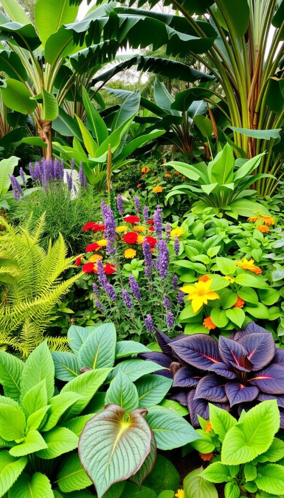A lush, verdant garden scene with a variety of companion plants arranged in visually appealing groups. The foreground features vibrant, leafy greens such as ferns, hostas, and caladiums, creating a humid, shaded microclimate. The middle ground showcases colorful, fragrant flowers like lavender, marigolds, and basil, attracting pollinators and adding to the overall humidity. In the background, towering, broad-leaved plants like elephant ears and banana trees provide a canopy, casting soft, dappled lighting across the scene. The overall atmosphere is one of tranquility, with a focus on creating a thriving, humid oasis through carefully selected plant companions.