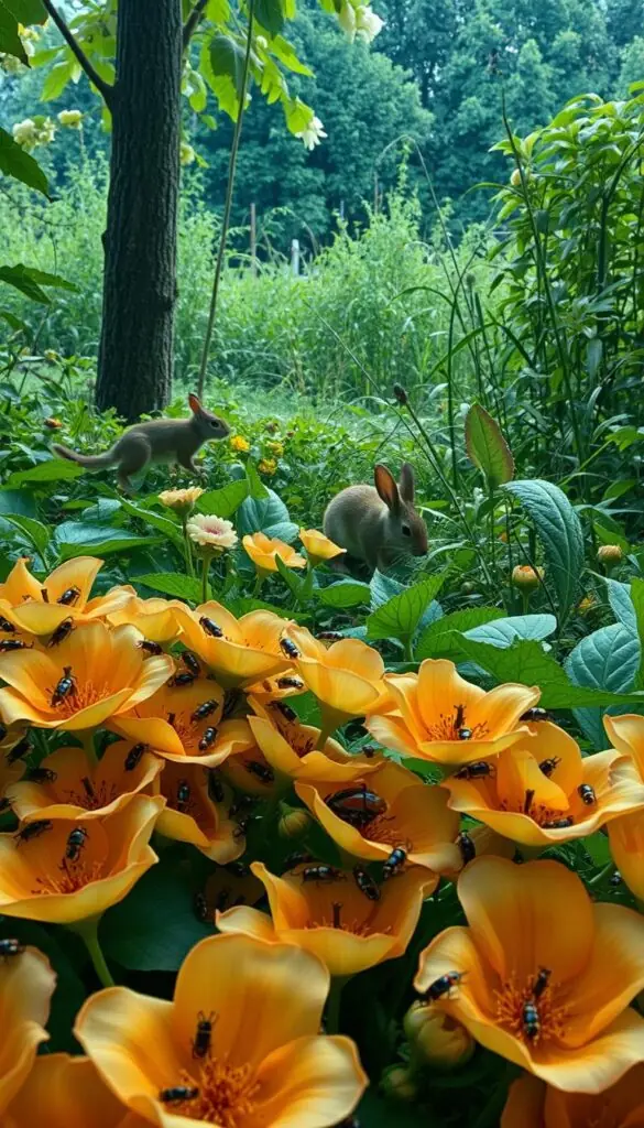 A lush, verdant garden scene with a variety of pests and invasive species lurking in the foreground and background. In the center, a swarm of aphids, caterpillars, and beetles crawling over delicate flower petals. In the midground, a rabbit nibbling on leaves and a squirrel scurrying up a tree trunk. In the distance, a thick tangle of weeds and vines encroaching on the well-tended flower beds. Soft, diffused lighting illuminates the scene, creating an ominous yet naturalistic atmosphere. Crisp, detailed textures and lifelike rendering bring the pests to vivid, unsettling life. A lush, verdant garden scene with a variety of pests and invasive species lurking in the foreground and background. In the center, a swarm of aphids, caterpillars, and beetles crawling over delicate flower petals. In the midground, a rabbit nibbling on leaves and a squirrel scurrying up a tree trunk. In the distance, a thick tangle of weeds and vines encroaching on the well-tended flower beds. Soft, diffused lighting illuminates the scene, creating an ominous yet naturalistic atmosphere. Crisp, detailed textures and lifelike rendering bring the pests to vivid, unsettling life.