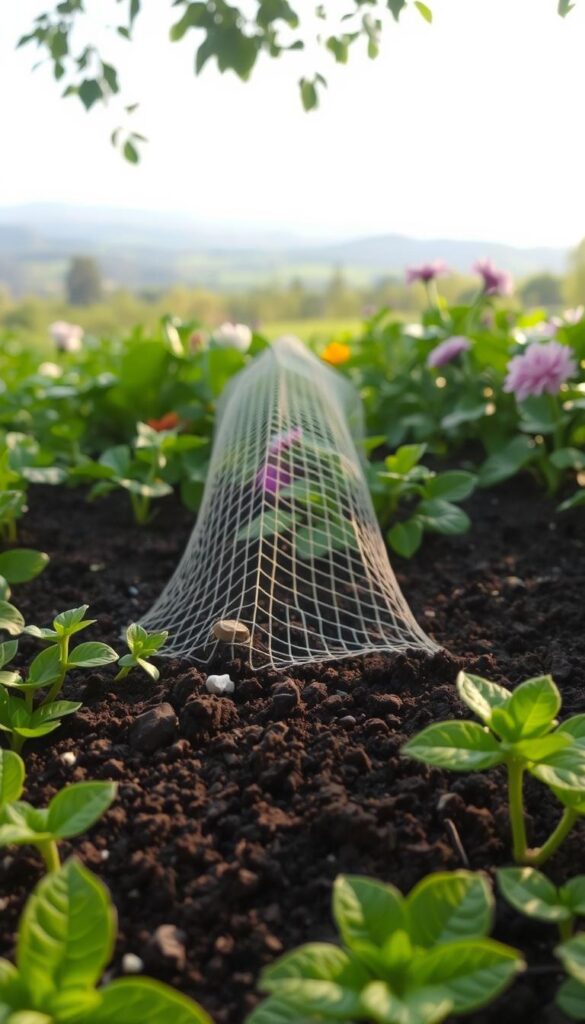 A lush, verdant garden scene with a well-tended soil bed in the foreground. Healthy, vibrant plants and flowers surround the soil, their leaves glistening with a gentle, natural sheen. In the middle ground, a delicate mesh or netting covers the soil, protecting it from external elements. Subtle, warm lighting illuminates the scene, creating a serene and nurturing atmosphere. In the background, a tranquil landscape unfolds, showcasing the importance of preserving the entire surrounding environment. The overall composition emphasizes the harmony between the soil, plants, and their collective wellbeing.