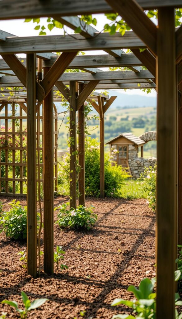 A lush, verdant garden scene with an array of sturdy, wooden trellises in the foreground. The trellises are intricately crafted, their slats and beams forming a geometric pattern that casts delicate shadows on the rich, loamy soil below. In the middle ground, a variety of spring-blooming plants, such as climbing vines and flowering shrubs, are gently winding their way up the supports, adding pops of vibrant color to the composition. The background is softly blurred, hinting at a picturesque backdrop of rolling hills or a quaint country cottage. The lighting is soft and diffused, creating a warm, inviting atmosphere that evokes the essence of an idyllic spring garden.