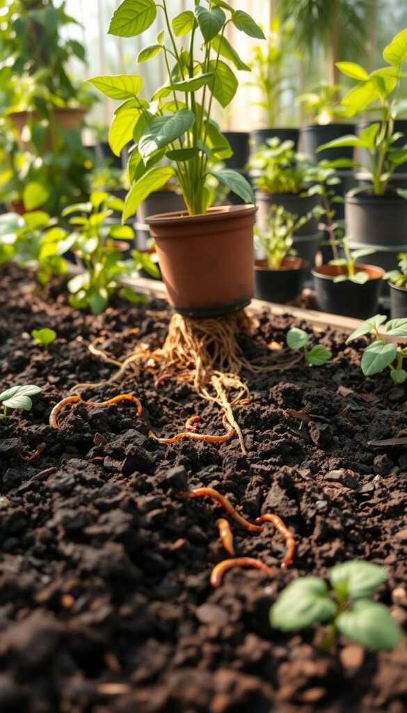A lush, verdant garden scene with rich, dark soil in the foreground. The soil is teeming with life, with earthworms and other beneficial organisms visible. In the middle ground, a potted plant is being carefully transplanted, the roots spilling out as the soil is gently loosened. Soft, diffused natural lighting filters through the scene, casting a warm, earthy glow. In the background, a variety of potted plants in various stages of growth are neatly arranged, their foliage vibrant and healthy. The overall composition conveys a sense of harmony, balance, and the nurturing care essential for thriving plant life. A lush, verdant garden scene with rich, dark soil in the foreground. The soil is teeming with life, with earthworms and other beneficial organisms visible. In the middle ground, a potted plant is being carefully transplanted, the roots spilling out as the soil is gently loosened. Soft, diffused natural lighting filters through the scene, casting a warm, earthy glow. In the background, a variety of potted plants in various stages of growth are neatly arranged, their foliage vibrant and healthy. The overall composition conveys a sense of harmony, balance, and the nurturing care essential for thriving plant life.