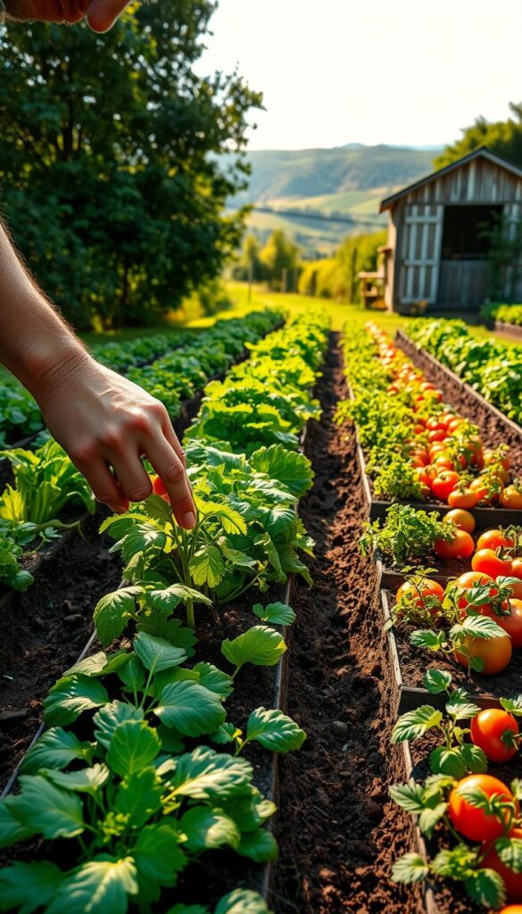 A lush, verdant garden scene with rows of vibrant vegetables bursting with life. In the foreground, a gardener's calloused hands carefully tending to a freshly planted seedling, the soil dark and rich beneath their fingertips. Mid-ground, neatly aligned raised beds brimming with a variety of leafy greens, crisp carrots, and plump tomatoes, all basking in the warm, golden sunlight. In the background, a picturesque shed, its weathered wood framing a serene, rolling landscape. The atmosphere is one of peaceful industry, the gardener's focus and care mirrored in the flourishing, bountiful garden. A lush, verdant garden scene with rows of vibrant vegetables bursting with life. In the foreground, a gardener's calloused hands carefully tending to a freshly planted seedling, the soil dark and rich beneath their fingertips. Mid-ground, neatly aligned raised beds brimming with a variety of leafy greens, crisp carrots, and plump tomatoes, all basking in the warm, golden sunlight. In the background, a picturesque shed, its weathered wood framing a serene, rolling landscape. The atmosphere is one of peaceful industry, the gardener's focus and care mirrored in the flourishing, bountiful garden.