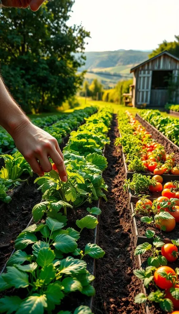 A lush, verdant garden scene with rows of vibrant vegetables bursting with life. In the foreground, a gardener's calloused hands carefully tending to a freshly planted seedling, the soil dark and rich beneath their fingertips. Mid-ground, neatly aligned raised beds brimming with a variety of leafy greens, crisp carrots, and plump tomatoes, all basking in the warm, golden sunlight. In the background, a picturesque shed, its weathered wood framing a serene, rolling landscape. The atmosphere is one of peaceful industry, the gardener's focus and care mirrored in the flourishing, bountiful garden.