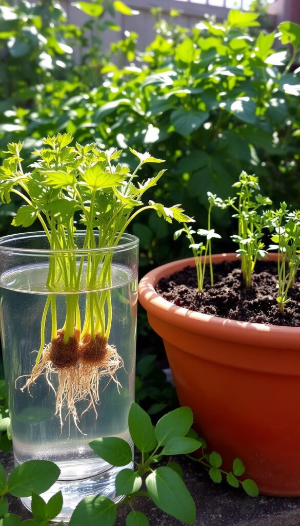 A lush, verdant garden scene with two distinct growing mediums side by side. In the foreground, a glass container filled with crystal clear water, hosting thriving herb cuttings, their roots delicately suspended. Next to it, a terra cotta planter brimming with rich, earthy soil, showcasing a parallel set of herb cuttings taking root. Dappled sunlight filters through, casting a warm, natural glow. The compositions are visually balanced, inviting the viewer to compare and contrast the two methods of propagation. Subtle shadows and reflections add depth and dimension, while the overall mood evokes a sense of tranquility and horticultural harmony. A lush, verdant garden scene with two distinct growing mediums side by side. In the foreground, a glass container filled with crystal clear water, hosting thriving herb cuttings, their roots delicately suspended. Next to it, a terra cotta planter brimming with rich, earthy soil, showcasing a parallel set of herb cuttings taking root. Dappled sunlight filters through, casting a warm, natural glow. The compositions are visually balanced, inviting the viewer to compare and contrast the two methods of propagation. Subtle shadows and reflections add depth and dimension, while the overall mood evokes a sense of tranquility and horticultural harmony.