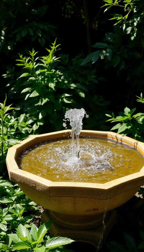 A lush, verdant garden setting with a captivating bubbling bowl fountain as the centerpiece. The fountain is crafted from natural stone, its surface gently rippling with sparkling water that cascades down its curved sides, creating a soothing, meditative ambiance. The light filters through the surrounding foliage, casting soft, dappled shadows across the scene. The overall composition evokes a sense of tranquility and refreshment, perfectly suited to cool and invigorate the senses on a warm summer day.