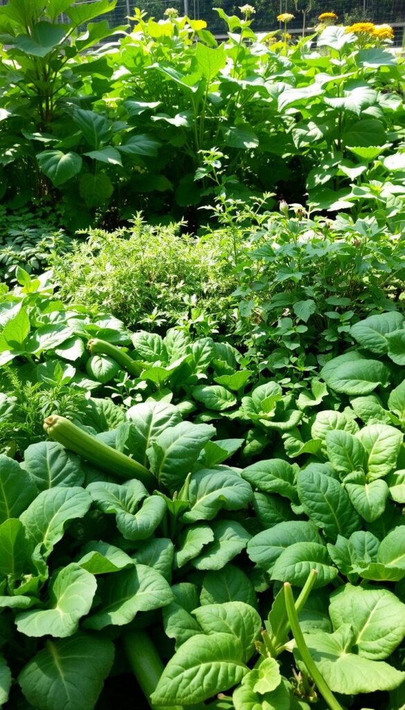 A lush, verdant garden showcasing a variety of shade-tolerant vegetable plants. In the foreground, a diverse array of leafy greens, such as kale, spinach, and chard, thriving in the dappled light. In the middle ground, clusters of bushy herbs like parsley, chives, and basil, their delicate leaves casting gentle shadows. The background features taller, broad-leaved vegetables like zucchini and eggplant, their foliage creating a layered, textured landscape. The scene is bathed in a soft, diffused light, creating a serene and inviting atmosphere, perfect for a shaded vegetable garden. A lush, verdant garden showcasing a variety of shade-tolerant vegetable plants. In the foreground, a diverse array of leafy greens, such as kale, spinach, and chard, thriving in the dappled light. In the middle ground, clusters of bushy herbs like parsley, chives, and basil, their delicate leaves casting gentle shadows. The background features taller, broad-leaved vegetables like zucchini and eggplant, their foliage creating a layered, textured landscape. The scene is bathed in a soft, diffused light, creating a serene and inviting atmosphere, perfect for a shaded vegetable garden.