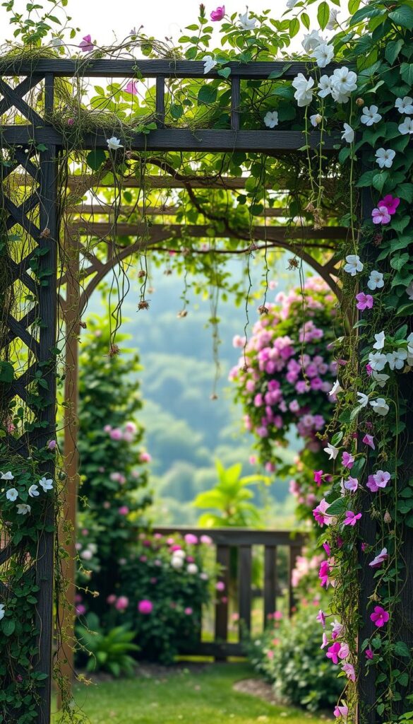 A lush, verdant garden trellis laden with cascading vines and delicate flowers. In the foreground, intricate lattices support a tangle of climbing plants, their tendrils reaching skyward. The middle ground features a mix of vibrant blooms in shades of pink, purple, and white, creating a captivating visual harmony. Soft, diffused lighting filters through the canopy, casting a warm, inviting glow over the scene. The background is a hazy, out-of-focus landscape, allowing the trellis and its climbing beauties to take center stage. This enchanting composition evokes the charm and whimsy of a quintessential cottage garden, inviting the viewer to step into this verdant, dreamlike oasis.