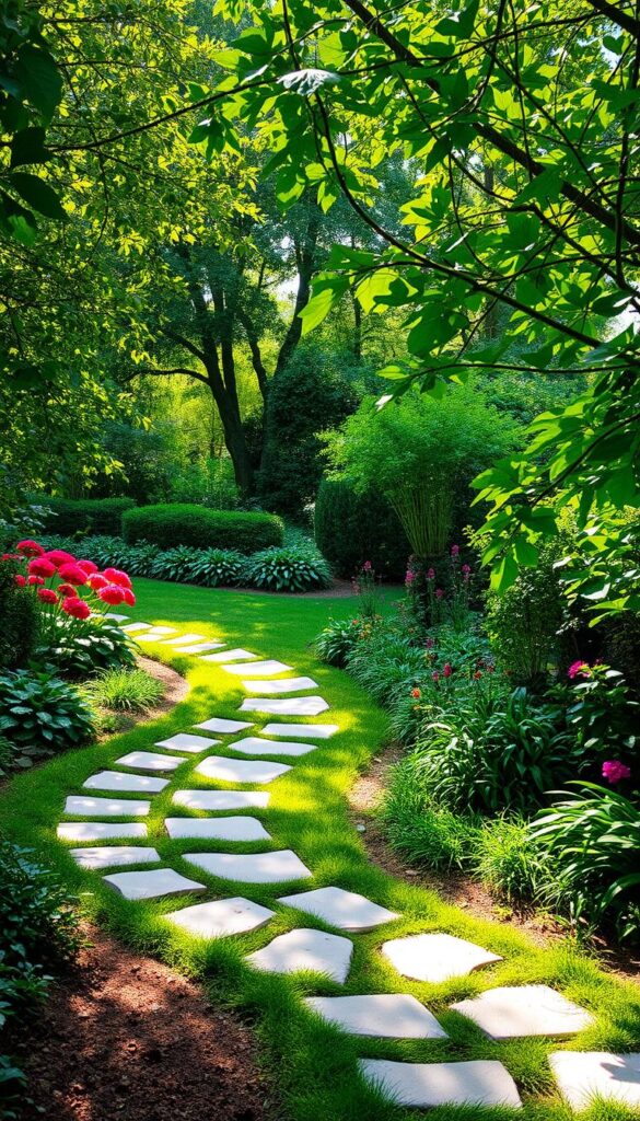 A lush, verdant garden with a meandering, circular path winding through the landscape. The path is composed of smooth, natural-looking stones, gently curving and leading the viewer deeper into the serene, inviting space. Vibrant, flowering plants and verdant foliage line the edges of the path, creating a sense of enclosure and privacy. Dappled sunlight filters through the canopy of trees, casting a warm, golden glow over the scene. The overall atmosphere is one of tranquility and contemplation, inviting the viewer to slow down and explore the captivating, organic design of the garden path.