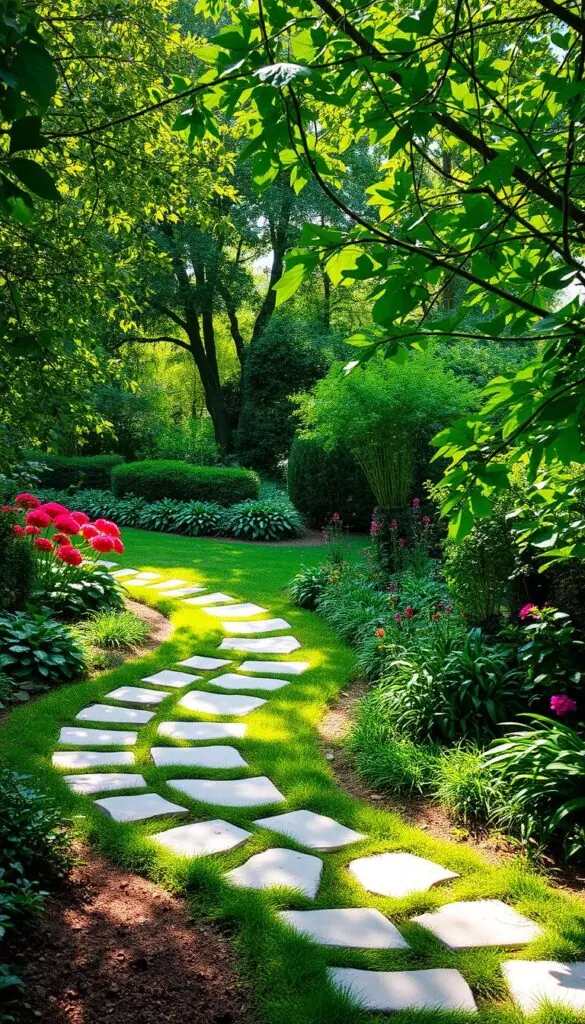 A lush, verdant garden with a meandering, circular path winding through the landscape. The path is composed of smooth, natural-looking stones, gently curving and leading the viewer deeper into the serene, inviting space. Vibrant, flowering plants and verdant foliage line the edges of the path, creating a sense of enclosure and privacy. Dappled sunlight filters through the canopy of trees, casting a warm, golden glow over the scene. The overall atmosphere is one of tranquility and contemplation, inviting the viewer to slow down and explore the captivating, organic design of the garden path.