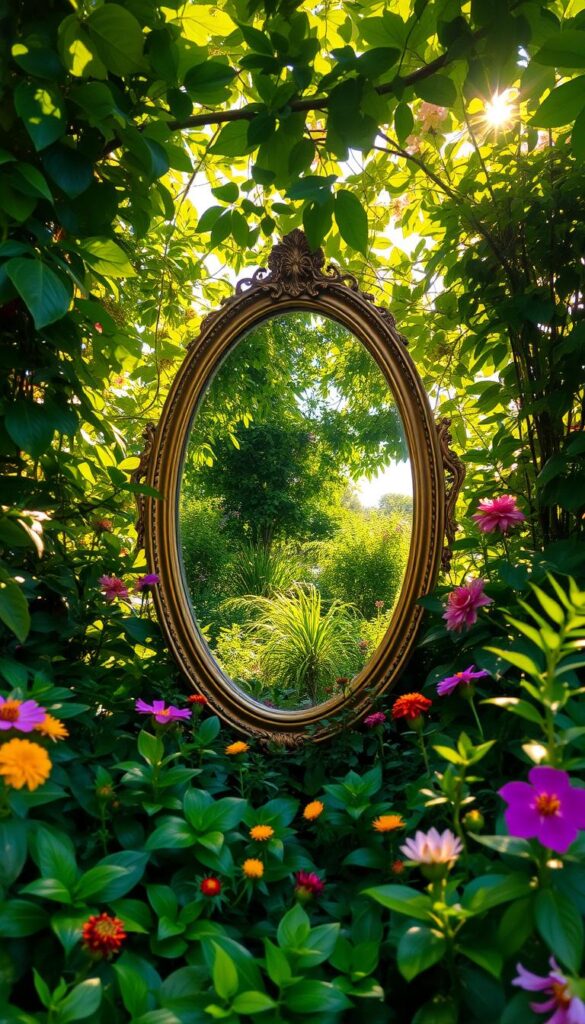 A lush, verdant garden with a stunning mirror nestled amidst the foliage. The mirror reflects the surrounding flora, creating an illusion of a hidden, secret garden. Dappled sunlight filters through the canopy, casting a warm, golden glow across the scene. In the foreground, a variety of vibrant flowers and leafy plants frame the mirror, inviting the viewer to step into this enchanting, dreamlike world. The mirror is positioned at a slight angle, capturing the intricate details of the garden and blurring the lines between reality and reflection. The overall atmosphere is one of serene beauty, where the boundaries between the physical and the reflected become delightfully blurred. A lush, verdant garden with a stunning mirror nestled amidst the foliage. The mirror reflects the surrounding flora, creating an illusion of a hidden, secret garden. Dappled sunlight filters through the canopy, casting a warm, golden glow across the scene. In the foreground, a variety of vibrant flowers and leafy plants frame the mirror, inviting the viewer to step into this enchanting, dreamlike world. The mirror is positioned at a slight angle, capturing the intricate details of the garden and blurring the lines between reality and reflection. The overall atmosphere is one of serene beauty, where the boundaries between the physical and the reflected become delightfully blurred.