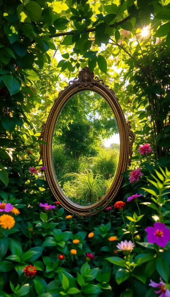 A lush, verdant garden with a stunning mirror nestled amidst the foliage. The mirror reflects the surrounding flora, creating an illusion of a hidden, secret garden. Dappled sunlight filters through the canopy, casting a warm, golden glow across the scene. In the foreground, a variety of vibrant flowers and leafy plants frame the mirror, inviting the viewer to step into this enchanting, dreamlike world. The mirror is positioned at a slight angle, capturing the intricate details of the garden and blurring the lines between reality and reflection. The overall atmosphere is one of serene beauty, where the boundaries between the physical and the reflected become delightfully blurred. A lush, verdant garden with a stunning mirror nestled amidst the foliage. The mirror reflects the surrounding flora, creating an illusion of a hidden, secret garden. Dappled sunlight filters through the canopy, casting a warm, golden glow across the scene. In the foreground, a variety of vibrant flowers and leafy plants frame the mirror, inviting the viewer to step into this enchanting, dreamlike world. The mirror is positioned at a slight angle, capturing the intricate details of the garden and blurring the lines between reality and reflection. The overall atmosphere is one of serene beauty, where the boundaries between the physical and the reflected become delightfully blurred.