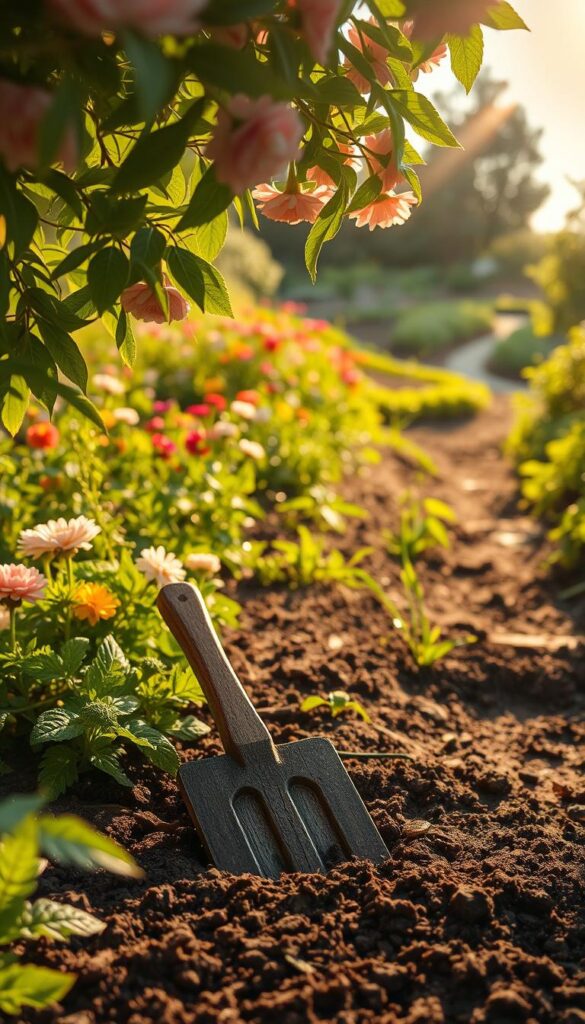 A lush, verdant garden with a weathered oak application of fertilizer against a backdrop of blooming flowers and vibrant greenery. In the foreground, a rustic wooden trowel is embedded in the rich soil, casting soft shadows. Warm, golden sunlight filters through the leaves, casting a gentle glow over the scene. The middle ground features a variety of colorful blooms, their petals unfurling in the gentle breeze. In the background, a winding path leads deeper into the garden, inviting the viewer to explore. The overall mood is one of serene productivity, capturing the essence of nurturing growth during the growing season.