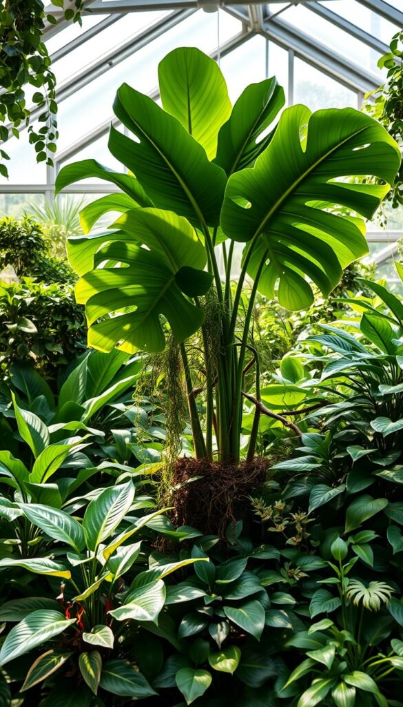 A lush, verdant greenhouse scene with a Thriller-Spiller-Filler plant design. The foreground features a towering Monstera deliciosa as the focal point, its large, dramatic leaves casting dramatic shadows. Surrounding it are cascading Tradescantia zebrina 'Wandering Jew' and bushy Peperomia prostrata, creating a sense of depth and layering. The middle ground showcases a variety of tropical foliage plants, including Calathea, Philodendron, and Syngonium, artfully arranged to maximize humidity and visual interest. The background depicts a glass-enclosed space flooded with soft, diffused lighting, conveying a serene, humid atmosphere perfect for showcasing this humidity-boosting plant design.