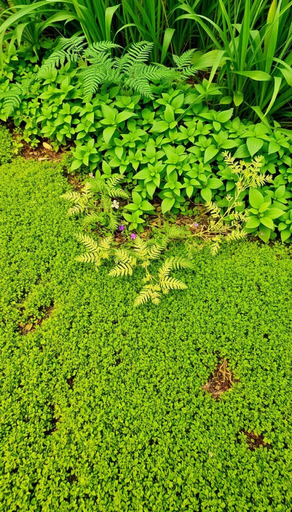 A lush, verdant ground cover blanketing the soil, with a mix of low-growing, spreading plants in shades of green, from deep emerald to vibrant chartreuse. The foreground features a dense carpet of moss, its velvety texture inviting touch, interspersed with delicate ferns and tiny, star-shaped flowers. In the middle ground, a variety of low-growing, trailing plants cascade over the edges, their leaves creating a natural, organic pattern. The background showcases taller, upright plants, their foliage gently swaying in a soft, natural breeze. The lighting is gentle, diffused, and natural, casting a warm, earthy glow over the entire scene. The overall mood is one of tranquility, serenity, and a harmonious coexistence between the plants and their surroundings.