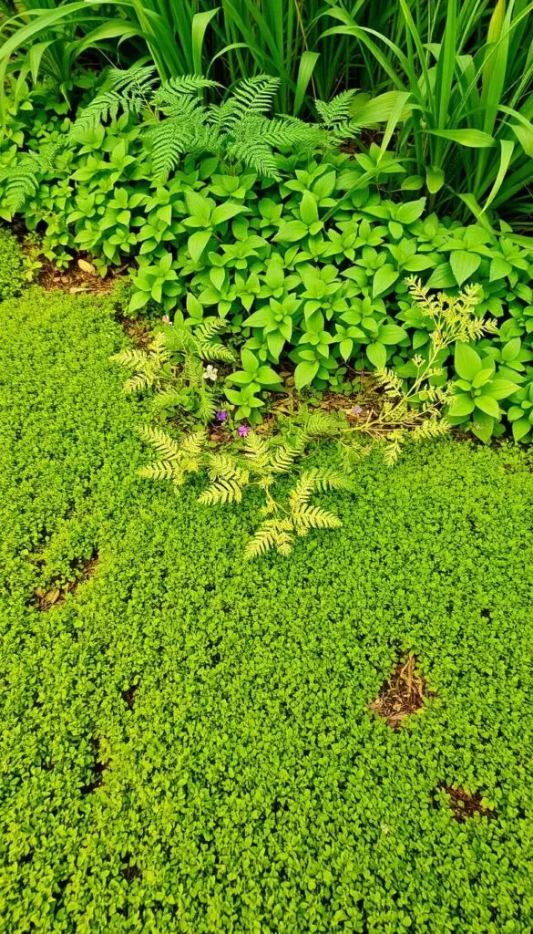 A lush, verdant ground cover blanketing the soil, with a mix of low-growing, spreading plants in shades of green, from deep emerald to vibrant chartreuse. The foreground features a dense carpet of moss, its velvety texture inviting touch, interspersed with delicate ferns and tiny, star-shaped flowers. In the middle ground, a variety of low-growing, trailing plants cascade over the edges, their leaves creating a natural, organic pattern. The background showcases taller, upright plants, their foliage gently swaying in a soft, natural breeze. The lighting is gentle, diffused, and natural, casting a warm, earthy glow over the entire scene. The overall mood is one of tranquility, serenity, and a harmonious coexistence between the plants and their surroundings. A lush, verdant ground cover blanketing the soil, with a mix of low-growing, spreading plants in shades of green, from deep emerald to vibrant chartreuse. The foreground features a dense carpet of moss, its velvety texture inviting touch, interspersed with delicate ferns and tiny, star-shaped flowers. In the middle ground, a variety of low-growing, trailing plants cascade over the edges, their leaves creating a natural, organic pattern. The background showcases taller, upright plants, their foliage gently swaying in a soft, natural breeze. The lighting is gentle, diffused, and natural, casting a warm, earthy glow over the entire scene. The overall mood is one of tranquility, serenity, and a harmonious coexistence between the plants and their surroundings.