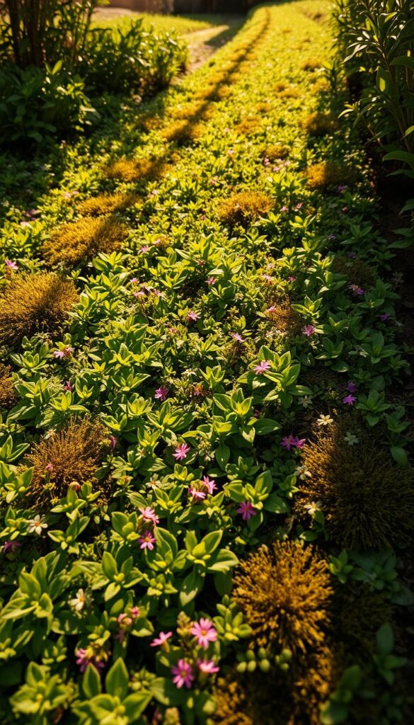 A lush, verdant ground cover stretching across a sun-dappled landscape, with delicate, resilient leaves that gently cushion footsteps. Clusters of tiny, vibrant flowers dotting the scene, creating a natural, low-maintenance carpet underfoot. Soft, mossy patches interspersed throughout, inviting barefoot exploration. The image captured through a wide-angle lens, showcasing the seamless integration of this practical yet beautiful ground cover solution. Warm, golden lighting filters through, casting a serene, inviting atmosphere. This ground cover, perfect for high-traffic areas, requires minimal mowing or maintenance, allowing for a hassle-free, step-on-it lawn alternative.