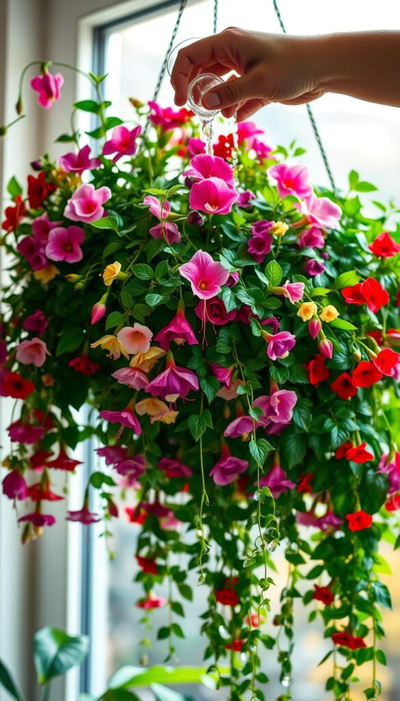 A lush, verdant hanging basket overflows with cascading blooms, illuminated by soft, diffused natural light filtering through a window. The vibrant petals of colorful flowers, such as fuchsias, impatiens, and trailing ivy, dance as a gentle hand tenderly waters them, droplets glistening like crystalline dew. The scene evokes a sense of tranquility and effortless care, showcasing the ease of maintaining a thriving hanging garden. The camera angles capture the hanging basket from a slightly elevated perspective, highlighting the graceful, overflowing composition.