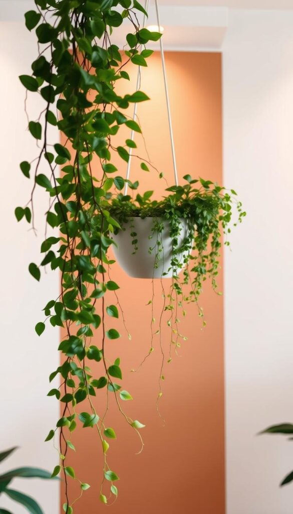 A lush, verdant hanging plant guide suspended against a warm, softly-lit backdrop. In the foreground, a collection of trailing vines and leafy foliage cascade elegantly, their vibrant greens and delicate tendrils framing the central focal point. The middle ground features a sleek, minimalist hanging planter system, its clean lines and neutral tones complementing the organic shapes of the plants. The background is bathed in a gentle, diffused light, creating a serene, gallery-like atmosphere that highlights the natural beauty of the hanging display. The overall composition evokes a sense of balance, harmony, and the effortless integration of nature into modern interior design. A lush, verdant hanging plant guide suspended against a warm, softly-lit backdrop. In the foreground, a collection of trailing vines and leafy foliage cascade elegantly, their vibrant greens and delicate tendrils framing the central focal point. The middle ground features a sleek, minimalist hanging planter system, its clean lines and neutral tones complementing the organic shapes of the plants. The background is bathed in a gentle, diffused light, creating a serene, gallery-like atmosphere that highlights the natural beauty of the hanging display. The overall composition evokes a sense of balance, harmony, and the effortless integration of nature into modern interior design.