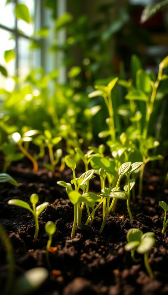 A lush, verdant indoor garden scene with a close-up focus on the germination and growth stages of a variety of seedlings. Bright, natural lighting filters in from a window, casting a warm, golden glow across the scene. Delicate sprouts emerge from the soil, unfurling their first tender leaves towards the light. As the camera pulls back, the viewer can see the seedlings steadily growing taller and stronger, developing their characteristic shapes and textures. The overall mood is one of quiet wonder and anticipation, reflecting the patient, nurturing process of seed-to-plant transformation. A lush, verdant indoor garden scene with a close-up focus on the germination and growth stages of a variety of seedlings. Bright, natural lighting filters in from a window, casting a warm, golden glow across the scene. Delicate sprouts emerge from the soil, unfurling their first tender leaves towards the light. As the camera pulls back, the viewer can see the seedlings steadily growing taller and stronger, developing their characteristic shapes and textures. The overall mood is one of quiet wonder and anticipation, reflecting the patient, nurturing process of seed-to-plant transformation.
