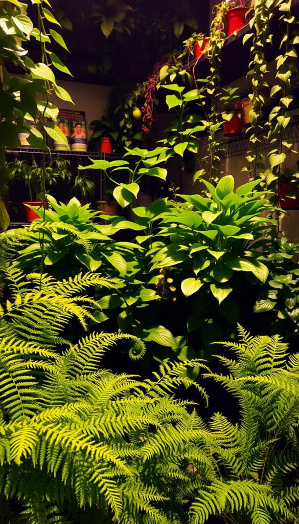 A lush, verdant indoor oasis of shade-loving plants. In the foreground, a variety of ferns cascade gracefully, their delicate fronds softly illuminated by warm, diffused light. The middle ground features leafy, broad-leaved plants like Chinese evergreens and peace lilies, their foliage glistening with a healthy sheen. In the background, a mix of potted, trailing plants such as philodendrons and ivy cling to the walls, creating a serene, naturalistic atmosphere. The lighting is gentle, with soft shadows and highlights that accentuate the plants' textures and colors. The overall scene exudes a sense of tranquility and calm, perfect for a serene, low-light room. A lush, verdant indoor oasis of shade-loving plants. In the foreground, a variety of ferns cascade gracefully, their delicate fronds softly illuminated by warm, diffused light. The middle ground features leafy, broad-leaved plants like Chinese evergreens and peace lilies, their foliage glistening with a healthy sheen. In the background, a mix of potted, trailing plants such as philodendrons and ivy cling to the walls, creating a serene, naturalistic atmosphere. The lighting is gentle, with soft shadows and highlights that accentuate the plants' textures and colors. The overall scene exudes a sense of tranquility and calm, perfect for a serene, low-light room.