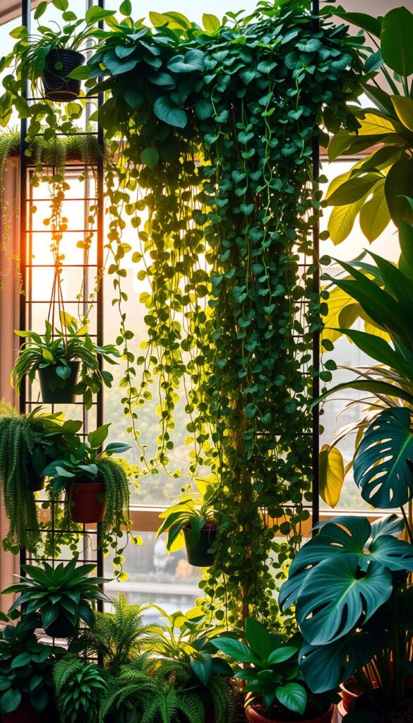 A lush, verdant indoor vertical garden with cascading vines and leafy foliage. Backlit by warm, natural light filtering through large windows, creating a tranquil, serene atmosphere. In the foreground, various potted plants of different heights and textures climb up a sleek, minimalist metal trellis system. The middle ground features a mixture of trailing succulents, ferns, and climbing flowering vines, while the background showcases larger, statement-making plants such as philodendrons and monstera deliciosa. The overall composition emphasizes the beauty of vertical gardening, showcasing how to make the most of limited floor space by growing upwards. The image exudes a sense of peace, renewal, and the joys of bringing nature indoors. A lush, verdant indoor vertical garden with cascading vines and leafy foliage. Backlit by warm, natural light filtering through large windows, creating a tranquil, serene atmosphere. In the foreground, various potted plants of different heights and textures climb up a sleek, minimalist metal trellis system. The middle ground features a mixture of trailing succulents, ferns, and climbing flowering vines, while the background showcases larger, statement-making plants such as philodendrons and monstera deliciosa. The overall composition emphasizes the beauty of vertical gardening, showcasing how to make the most of limited floor space by growing upwards. The image exudes a sense of peace, renewal, and the joys of bringing nature indoors.