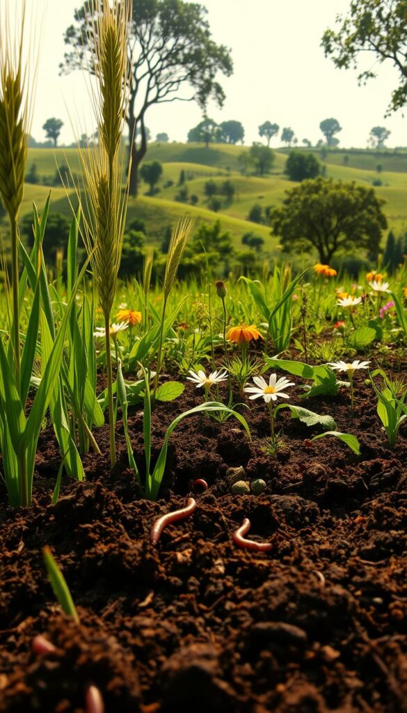 A lush, verdant landscape showcasing the resilience of thriving soil. In the foreground, rich, dark earth teeming with robust plant roots and earthworms burrowing through nutrient-dense humus. Towering stalks of wheat or grass sway gently in a warm, golden light, their deep green leaves rustling in a gentle breeze. Scattered throughout the middle ground, vibrant wildflowers and leafy foliage add pops of color, creating a diverse, interconnected ecosystem. In the background, rolling hills dotted with mature trees provide a sense of depth and stability, their canopies casting dappled shadows across the scene. The overall atmosphere conveys a sense of balance, abundance, and the inherent strength of a healthy, resilient soil system.