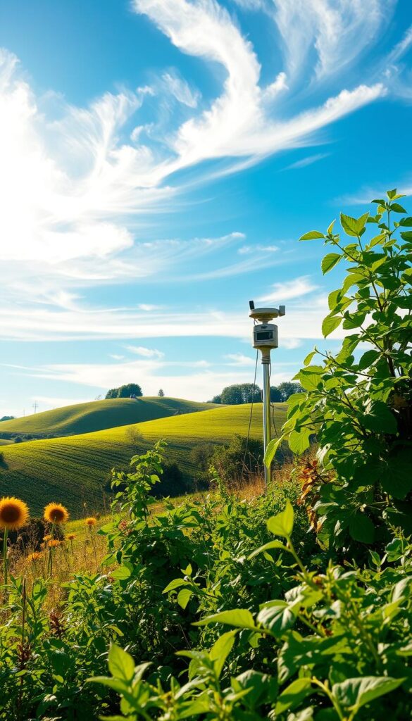 A lush, verdant landscape with rolling hills and vibrant foliage. In the foreground, a diverse array of plants and vegetation, their leaves gently swaying in a light breeze. The midground features a weather station, its sleek, modern design blending seamlessly into the natural environment. Wispy clouds drift across a bright, azure sky, casting a warm, golden glow over the scene. The image conveys a sense of harmony between nature and technology, highlighting the importance of understanding and adapting to the ever-changing weather patterns that shape the growth and success of a thriving vegetable garden. A lush, verdant landscape with rolling hills and vibrant foliage. In the foreground, a diverse array of plants and vegetation, their leaves gently swaying in a light breeze. The midground features a weather station, its sleek, modern design blending seamlessly into the natural environment. Wispy clouds drift across a bright, azure sky, casting a warm, golden glow over the scene. The image conveys a sense of harmony between nature and technology, highlighting the importance of understanding and adapting to the ever-changing weather patterns that shape the growth and success of a thriving vegetable garden.