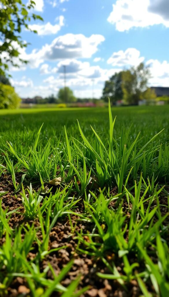 A lush, verdant lawn after aeration, with fresh, vibrant grass seedlings sprouting throughout. Sunlight filters through scattered clouds, casting a warm, natural glow. The foreground showcases the aerated soil, its texture and color inviting new growth. In the middle ground, the newly germinated grass blades stand tall, their vibrant green hues contrasting with the slightly tousled, healthy lawn. The background reveals a tranquil, pastoral scene, perhaps with a few trees or a garden in the distance, creating a sense of depth and harmony. The overall composition conveys the rejuvenating effects of aeration and overseeding, a crucial step in lawn maintenance and revitalization.