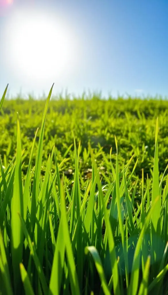 A lush, verdant lawn against a backdrop of a clear blue sky, with the sun casting a warm, golden glow over the scene. In the foreground, individual blades of grass stand tall and healthy, their vibrant green hues accentuated by the soft, diffused lighting. The middle ground reveals the diverse needs of the lawn, with areas requiring attention, such as patchy growth, discoloration, or signs of pest or disease. A sense of balance and harmony permeates the image, hinting at the careful nurturing required to maintain a thriving, well-rounded lawn throughout the seasons.