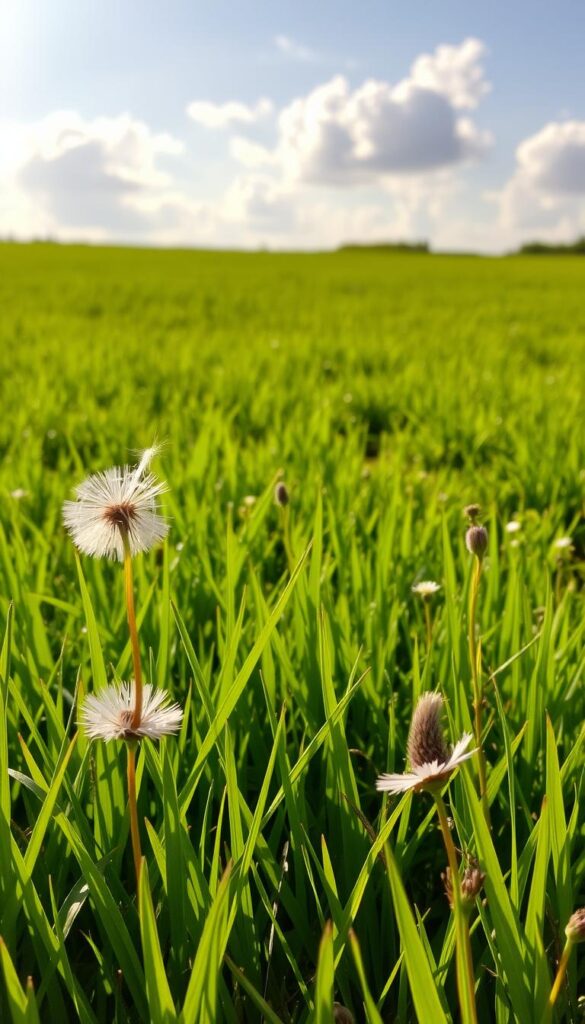 A lush, verdant lawn bathed in warm, golden sunlight stretches out before the viewer. Blades of grass sway gently in a light breeze, their emerald hues vibrant and healthy. In the foreground, a few dandelion seedheads drift lazily, their wispy tendrils catching the light. The mid-ground is dotted with small, dainty wildflowers, their petals unfurling in shades of white, yellow, and lavender. The background fades into a hazy, azure sky, dotted with fluffy cumulus clouds. The scene exudes a sense of tranquility and the promise of a bountiful summer ahead.