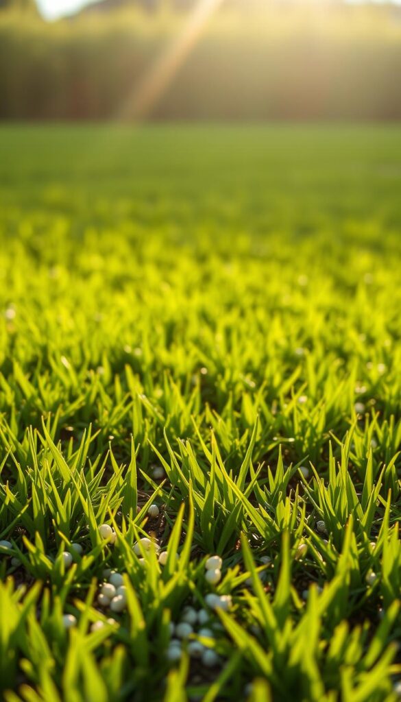 A lush, verdant lawn bathed in warm, golden sunlight. The grass blades glisten with a healthy sheen, their deep green hues complemented by the rich, dark soil beneath. A gentle breeze rustles the blades, creating a tranquil, calming atmosphere. In the foreground, a scattering of small, white fertilizer granules dot the surface, their slow release nourishing the lawn with essential nutrients. The middle ground reveals a uniform, even texture, while the background fades into a softly blurred horizon, creating a sense of depth and perspective. An image that embodies the essence of a well-fed, thriving summer lawn. A lush, verdant lawn bathed in warm, golden sunlight. The grass blades glisten with a healthy sheen, their deep green hues complemented by the rich, dark soil beneath. A gentle breeze rustles the blades, creating a tranquil, calming atmosphere. In the foreground, a scattering of small, white fertilizer granules dot the surface, their slow release nourishing the lawn with essential nutrients. The middle ground reveals a uniform, even texture, while the background fades into a softly blurred horizon, creating a sense of depth and perspective. An image that embodies the essence of a well-fed, thriving summer lawn.