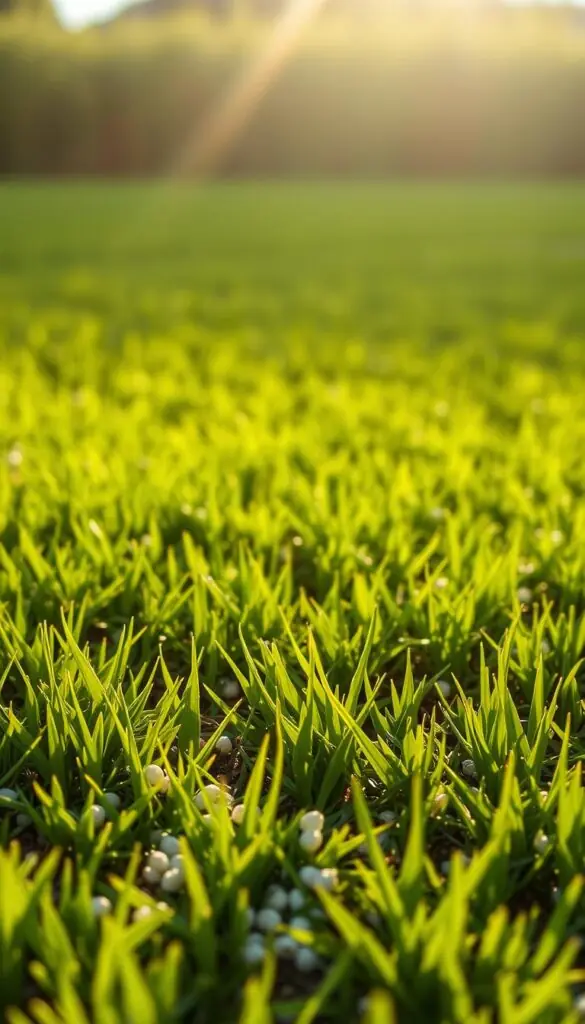A lush, verdant lawn bathed in warm, golden sunlight. The grass blades glisten with a healthy sheen, their deep green hues complemented by the rich, dark soil beneath. A gentle breeze rustles the blades, creating a tranquil, calming atmosphere. In the foreground, a scattering of small, white fertilizer granules dot the surface, their slow release nourishing the lawn with essential nutrients. The middle ground reveals a uniform, even texture, while the background fades into a softly blurred horizon, creating a sense of depth and perspective. An image that embodies the essence of a well-fed, thriving summer lawn. A lush, verdant lawn bathed in warm, golden sunlight. The grass blades glisten with a healthy sheen, their deep green hues complemented by the rich, dark soil beneath. A gentle breeze rustles the blades, creating a tranquil, calming atmosphere. In the foreground, a scattering of small, white fertilizer granules dot the surface, their slow release nourishing the lawn with essential nutrients. The middle ground reveals a uniform, even texture, while the background fades into a softly blurred horizon, creating a sense of depth and perspective. An image that embodies the essence of a well-fed, thriving summer lawn.